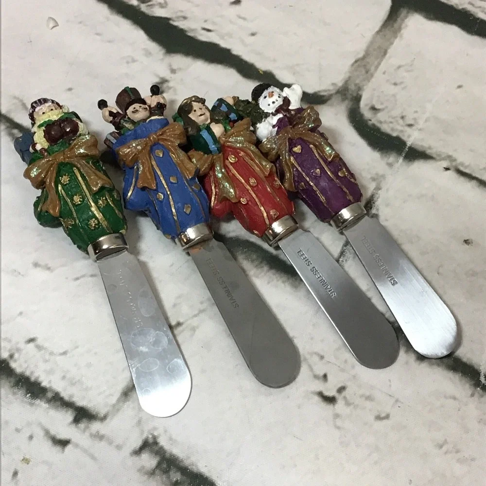 Christmas Cheese Spreader Knives Lot Of 4 Resin Figural Stainless Steel